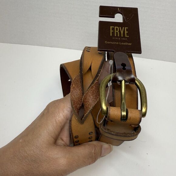 FRYE Studded Twisted Leather Tan Belt Sz Large New - Picture 1 of 8